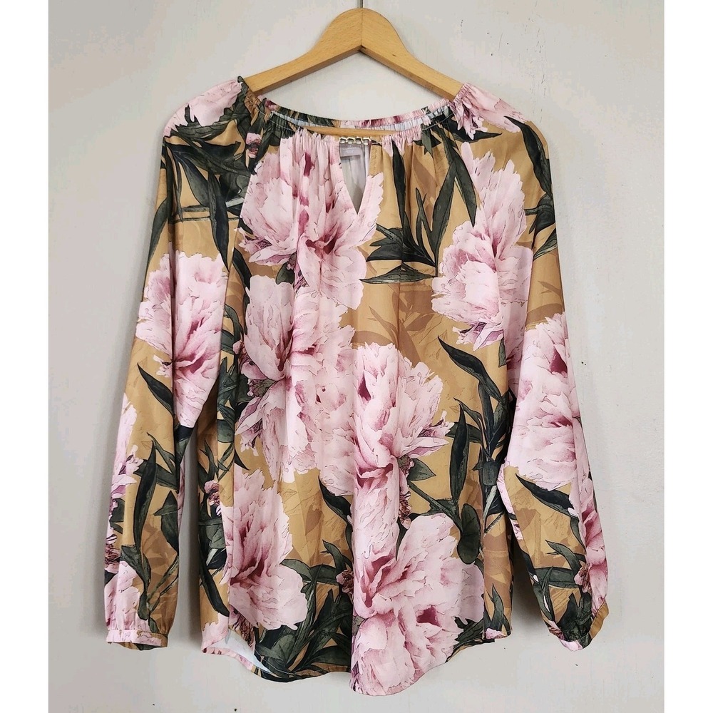 Chico's Womens Sz 0 4-6 Silky Romantic Floral Gold Accent Moody Top Blouse Tunic